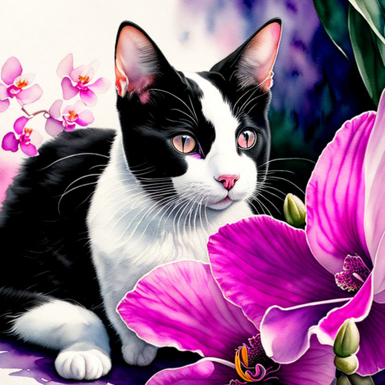 Black and white cat with striking eyes next to purple orchid flower