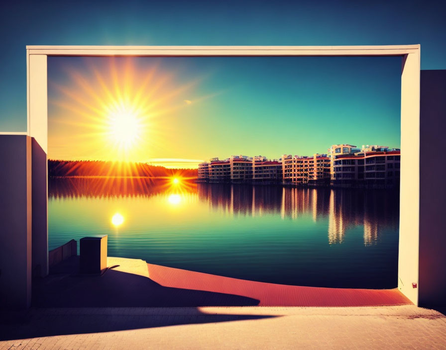 Scenic sunset with sunbeams over calm lake and architectural frame.