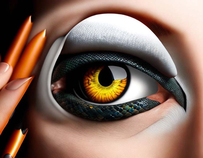 Detailed close-up of human eye merging with reptilian features and pencils adding intricate details