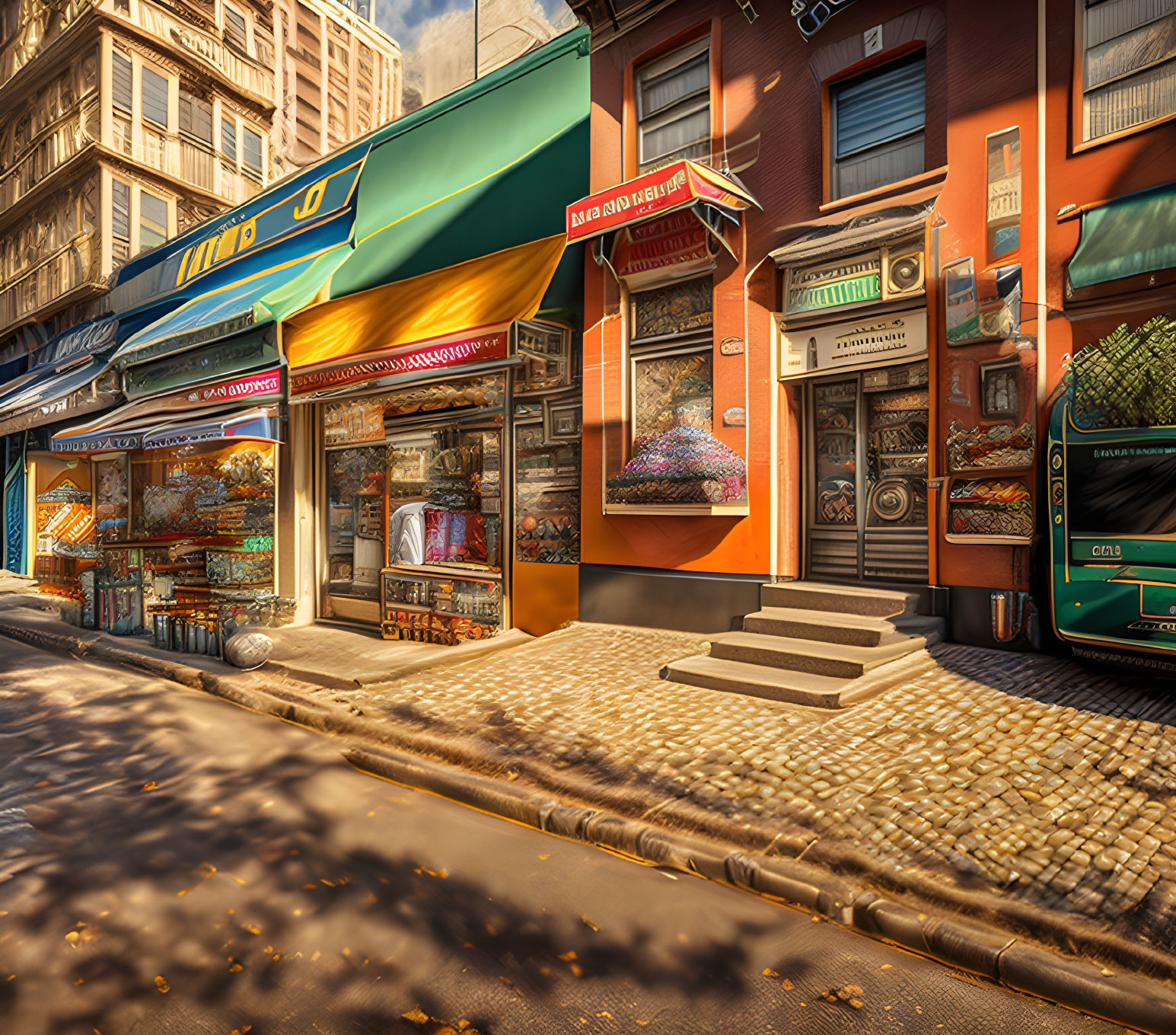 Busy street corner with grocery store, bakery, colorful awnings, and passing bus on sunny day