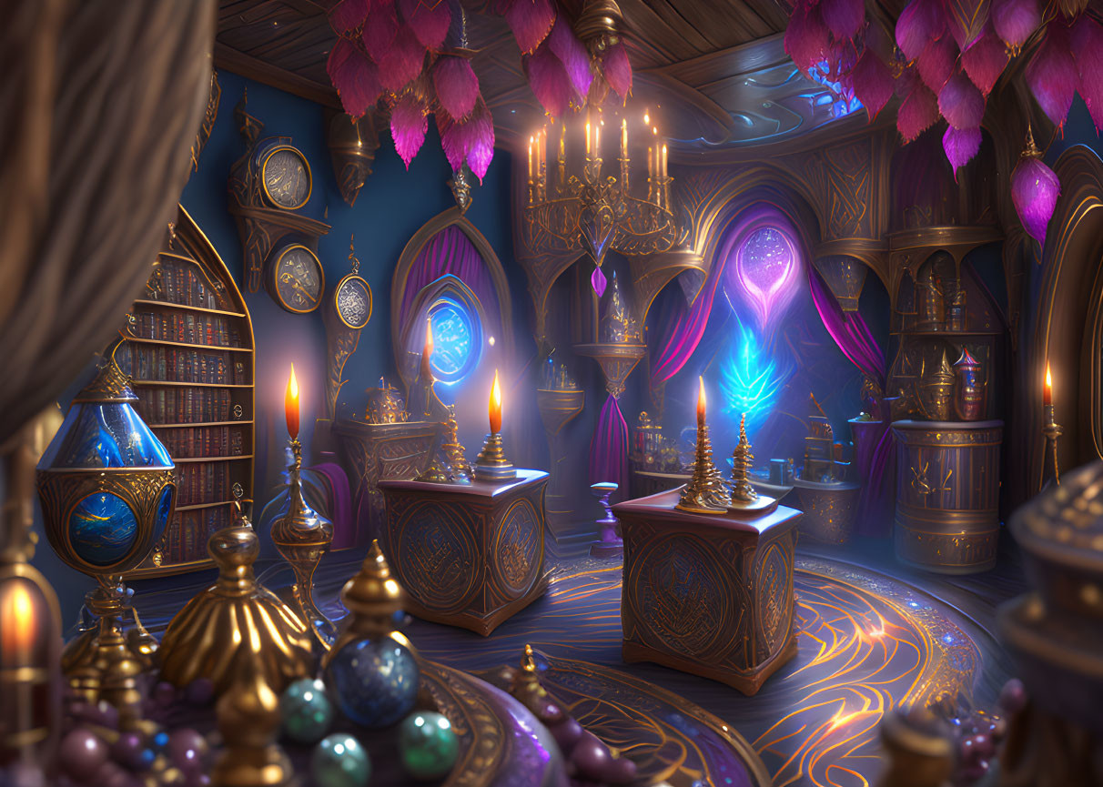 Mystical room with books, orbs, candles, and chandelier