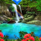 Colorful fantasy landscape with waterfall, greenery, pond, flowers, and birds