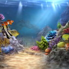 Colorful coral reef with blue spotted fish and sunlit bubbles