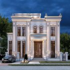 Neoclassical white mansion with intricate details and hanging lanterns