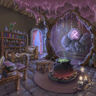 Mystical room with books, orbs, candles, and chandelier