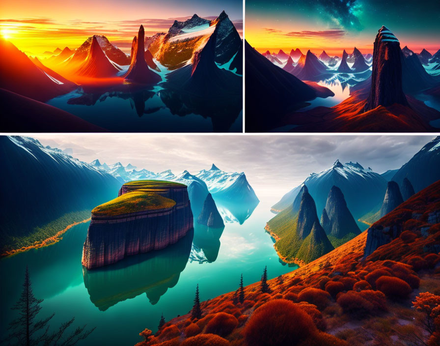 Fantasy landscape collage with majestic mountains and surreal structures