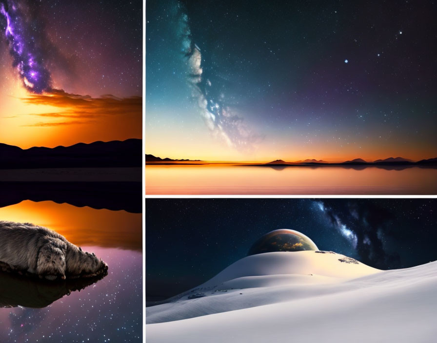 Vibrant Sunset, Starry Night, Sleeping Polar Bear, Snowy Landscape Collage