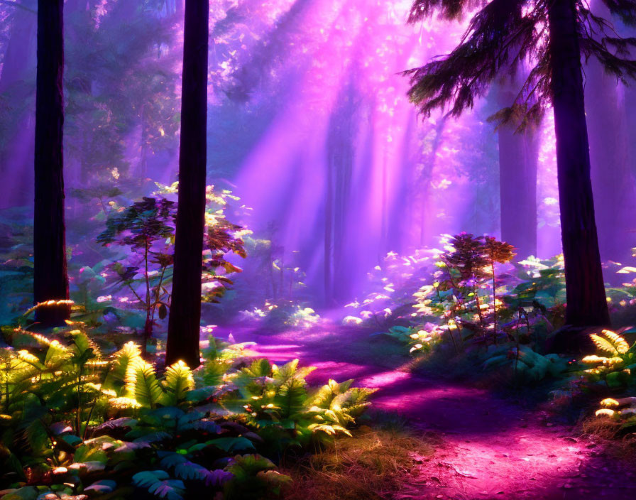 Enchanting forest path with vibrant purple hues and lush greenery