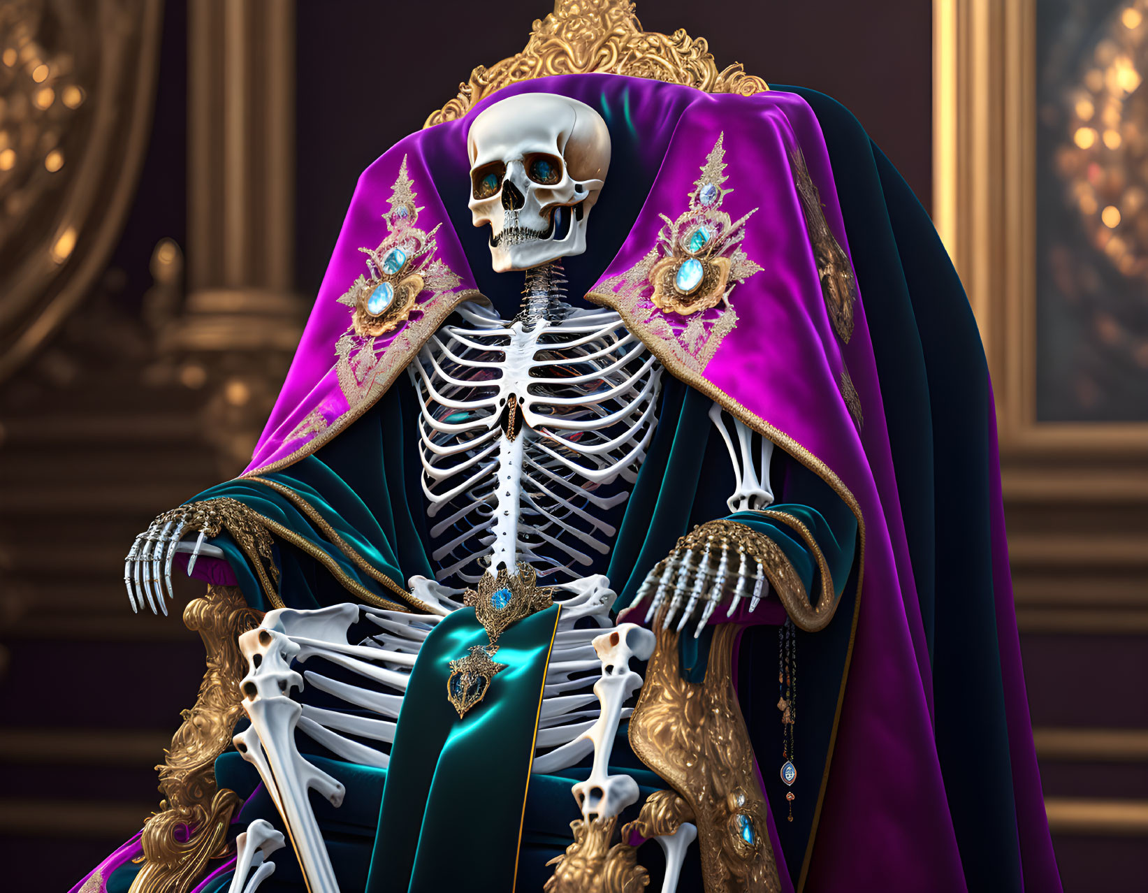 Skeleton in Regal Attire on Golden Throne Symbolizing Macabre Royalty