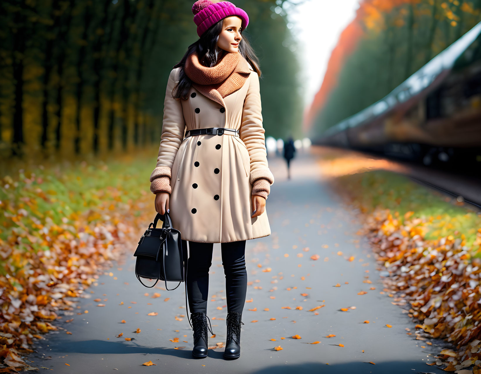 Stylish Woman in Beige Trench Coat and Purple Hat by Train