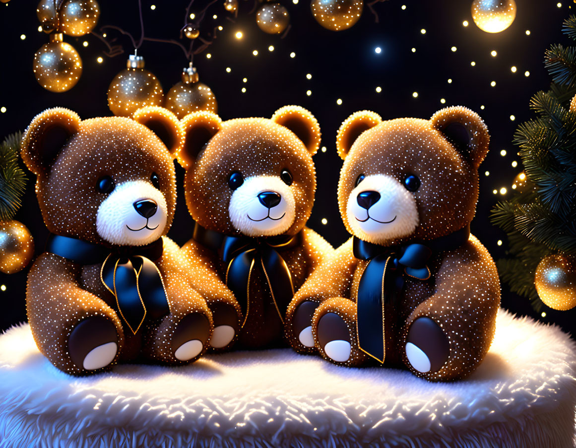 Golden fur teddy bears with blue ribbons in front of dark background with twinkling lights