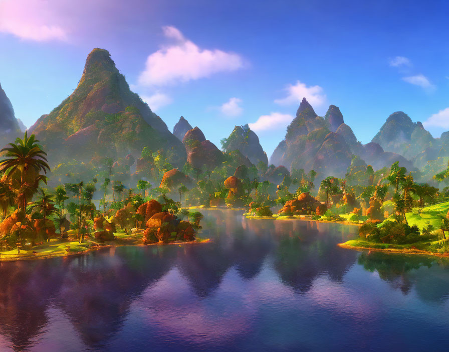 Tranquil digital landscape with green mountains, river, flora, and blue sky