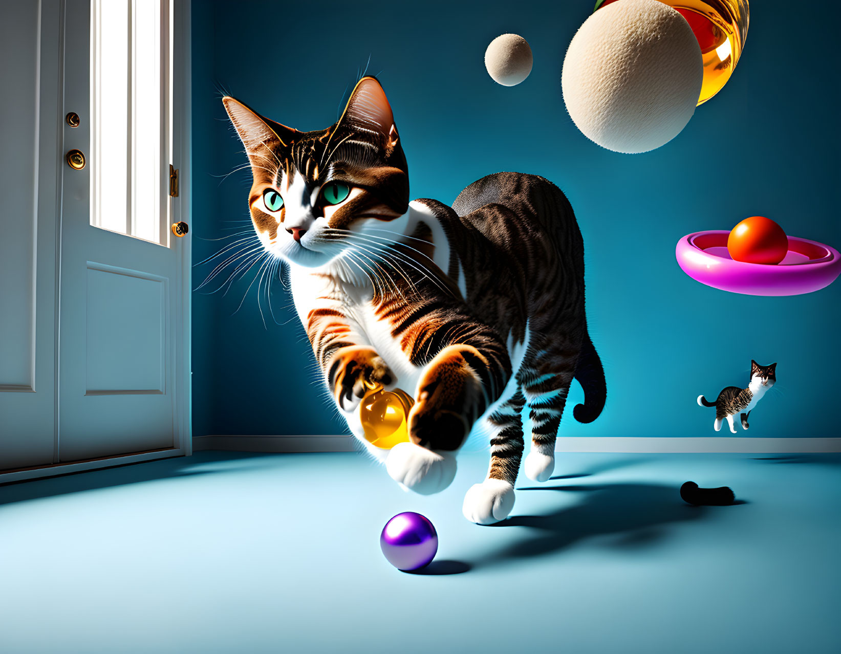 Realistic large cat surrounded by toys and planets, smaller cat in background