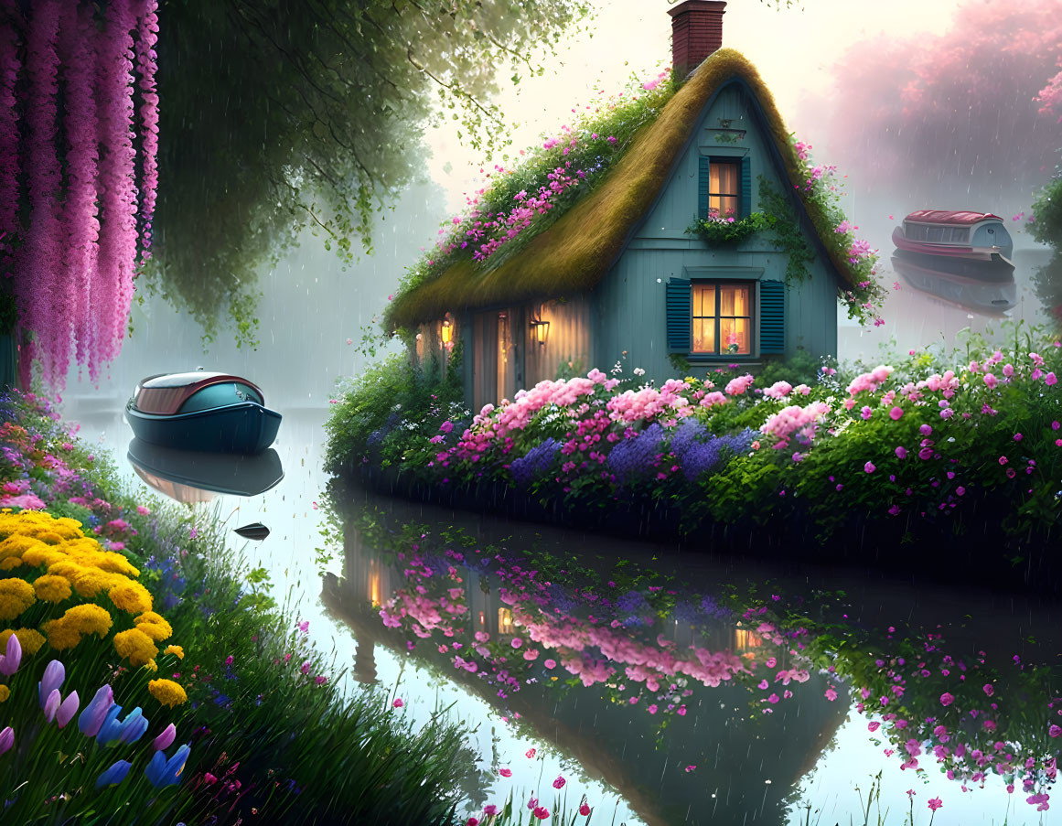 Thatched roof cottage surrounded by flowers near serene river at twilight