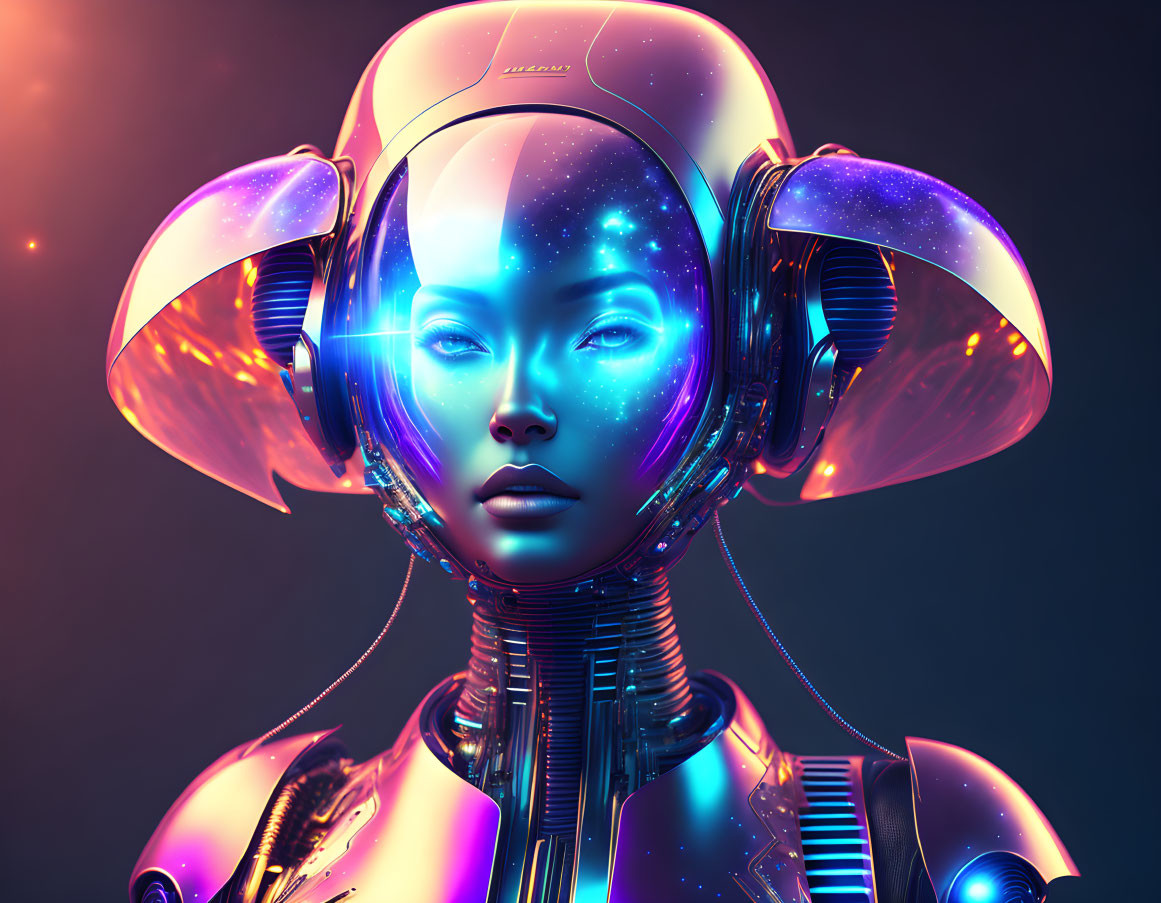 Futuristic female humanoid robot with cosmic visor on dark backdrop