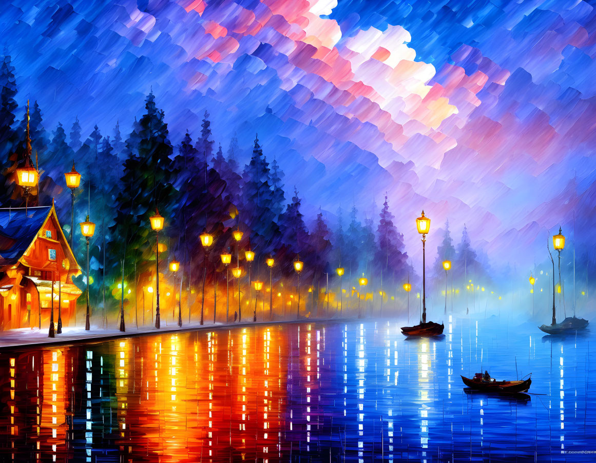 Digital painting of lakeside scene at dusk with reflective water, street lamps, boats, house, and