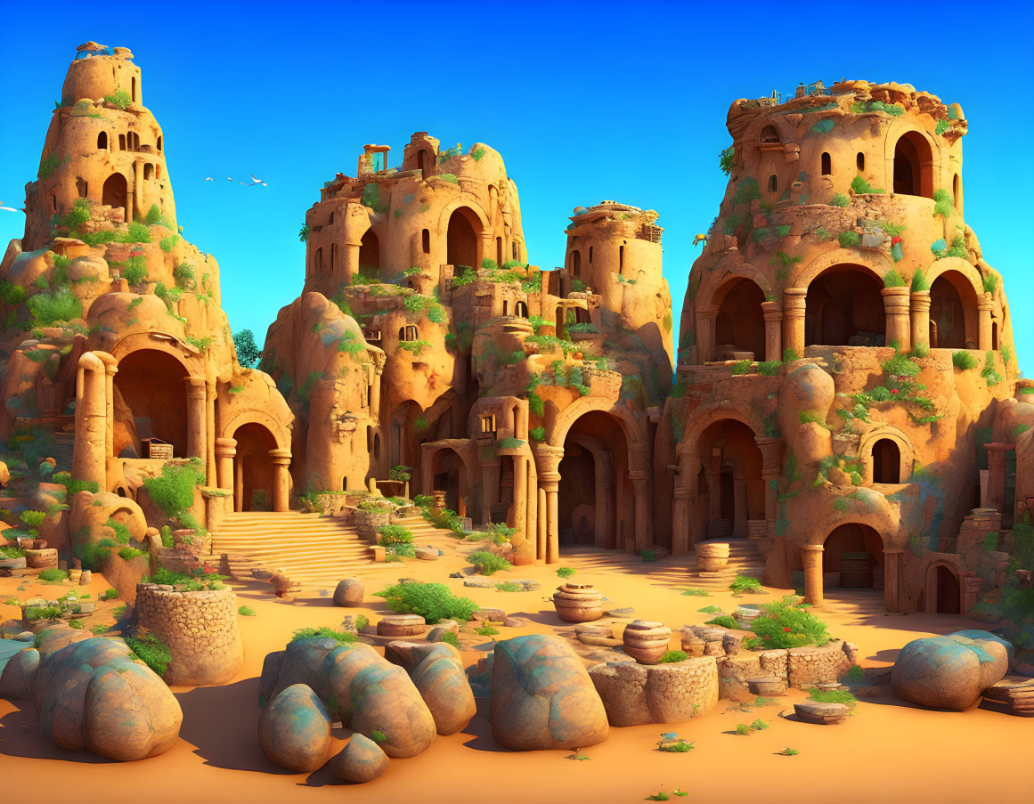 Ancient desert city with sandstone towers and grand arches