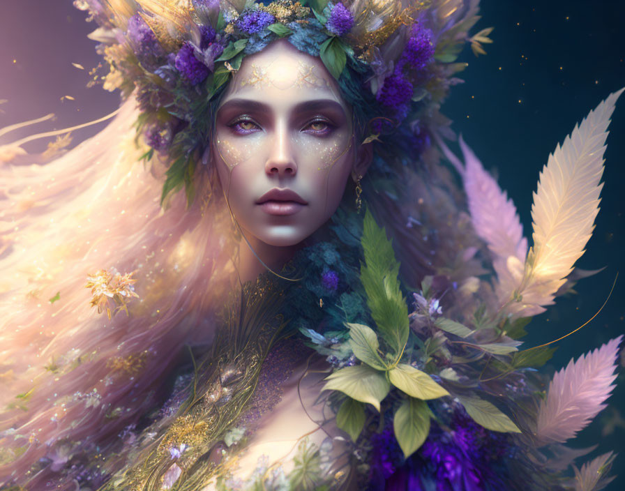 Ethereal woman in floral and feather headdress on soft-focus background