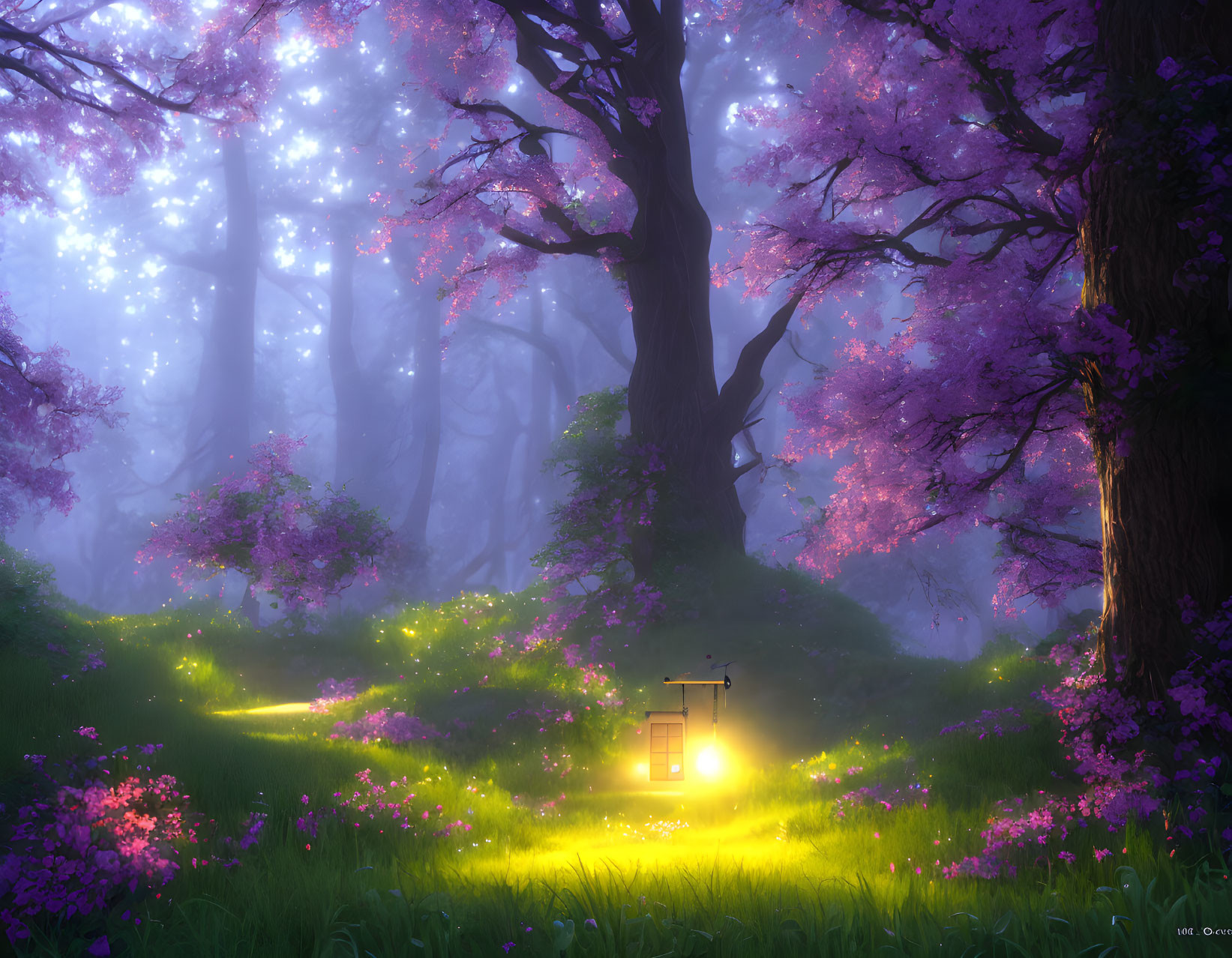 Pink flowering trees in mystical forest with glowing doorway and soft sunlight