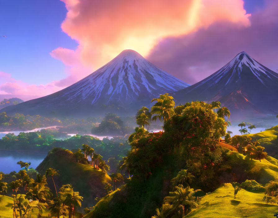 Tropical landscape with rolling hills, dense vegetation, and twin snow-capped volcanoes at sunrise