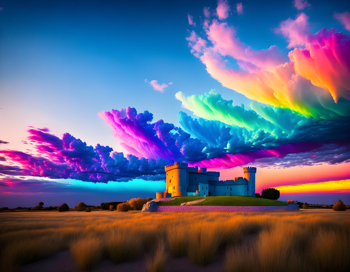 Colorful Sunset Sky Over Castle and Golden Fields