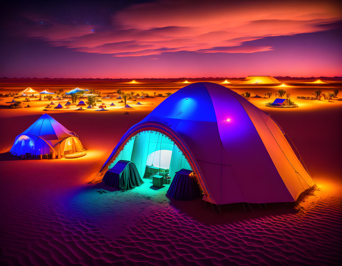 Vibrant colored illuminated tents in desert night landscape