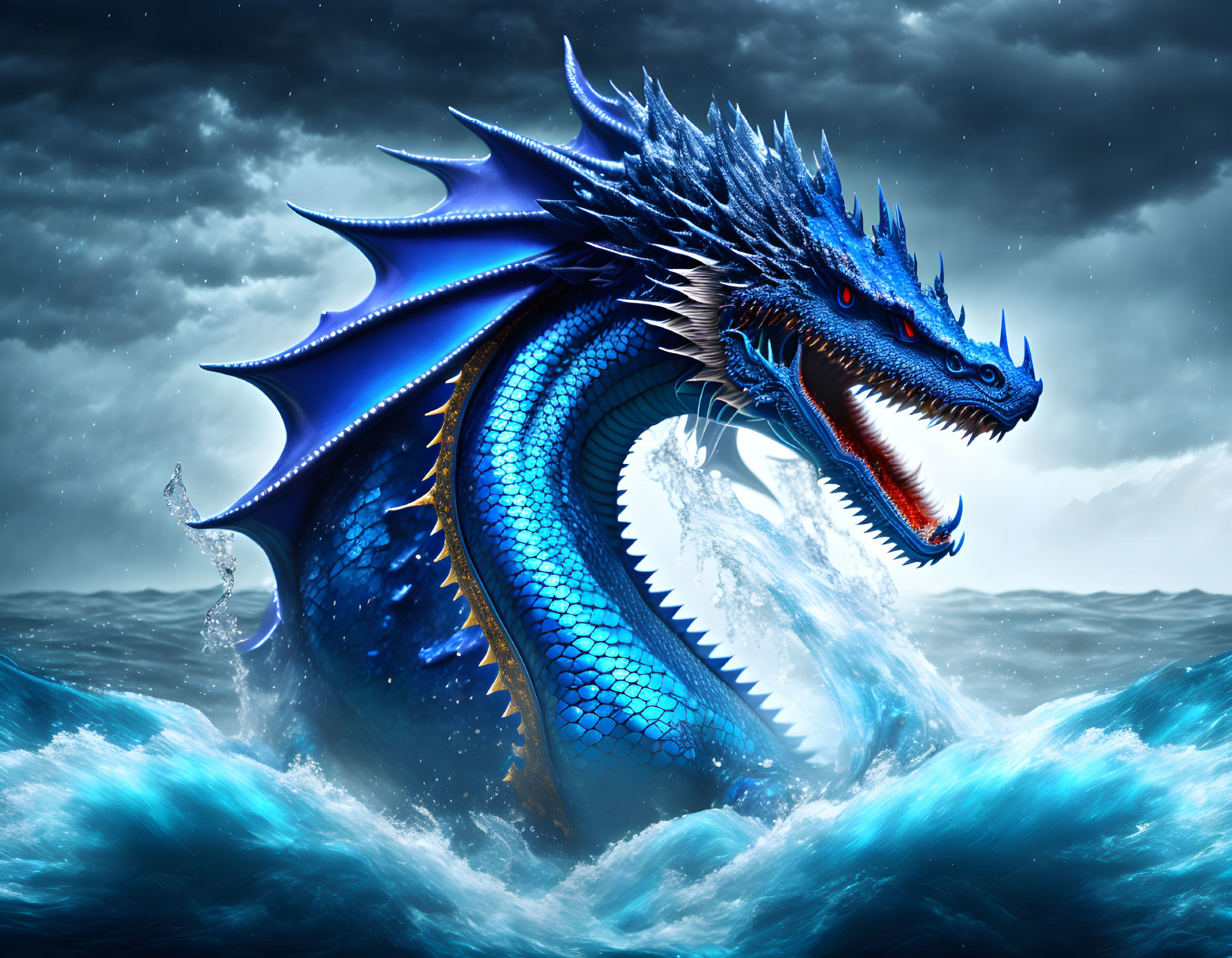 Blue dragon emerges from stormy ocean waves under dark, cloudy sky