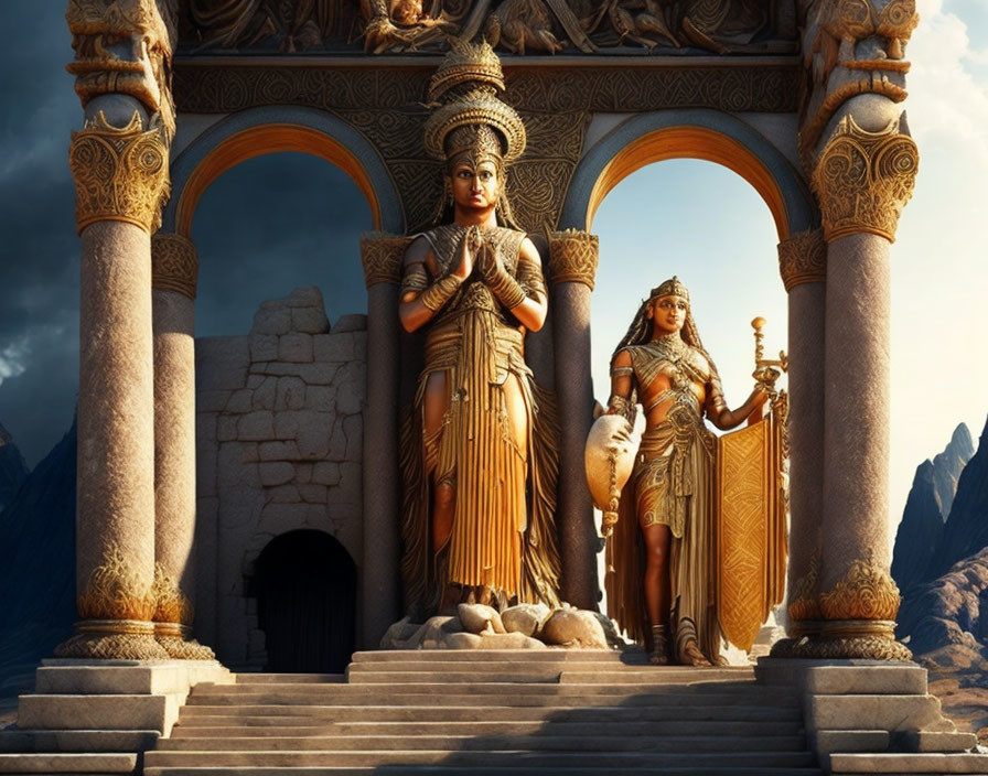 Regal individuals in golden attire under ancient stone archway