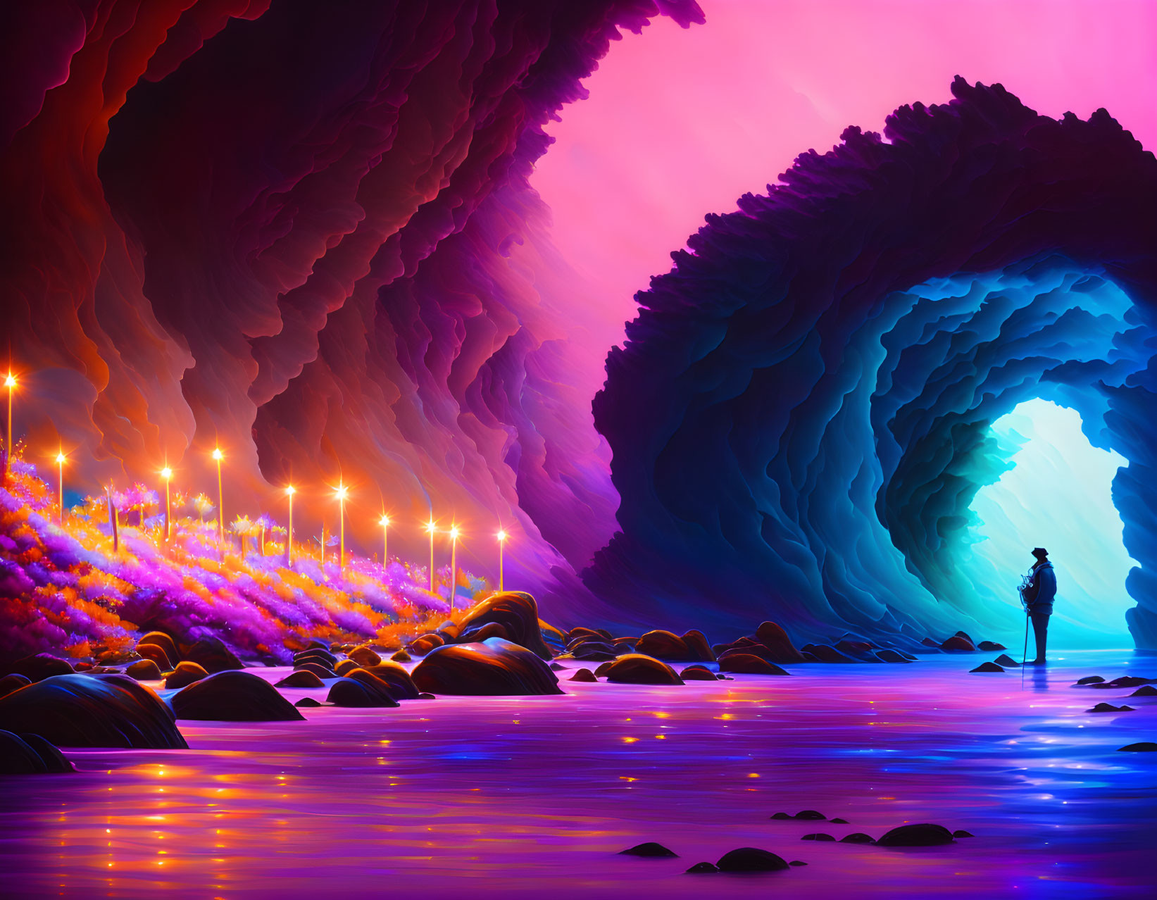 Colorful Cave Entrance with Silhouette Person and Reflective Water