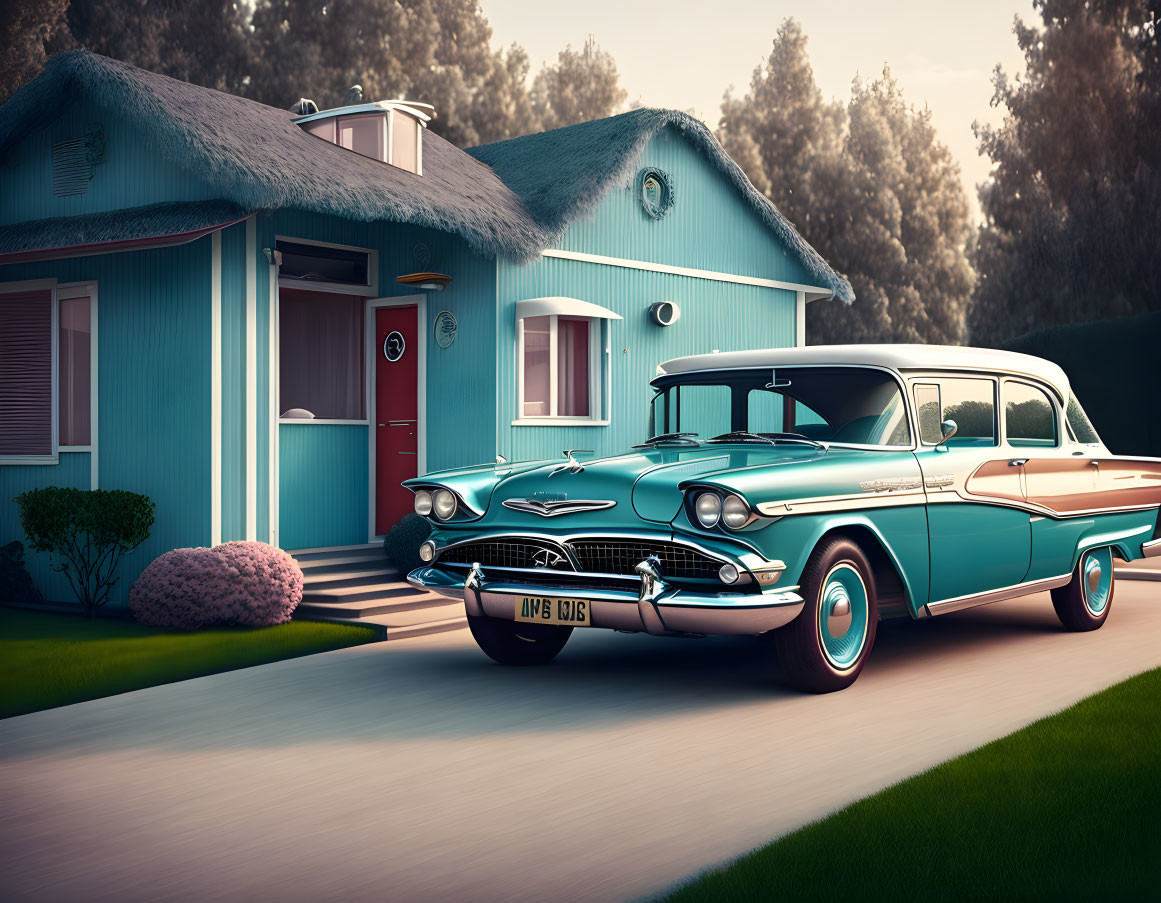 Turquoise and White Car Parked Outside Retro Blue Suburban House