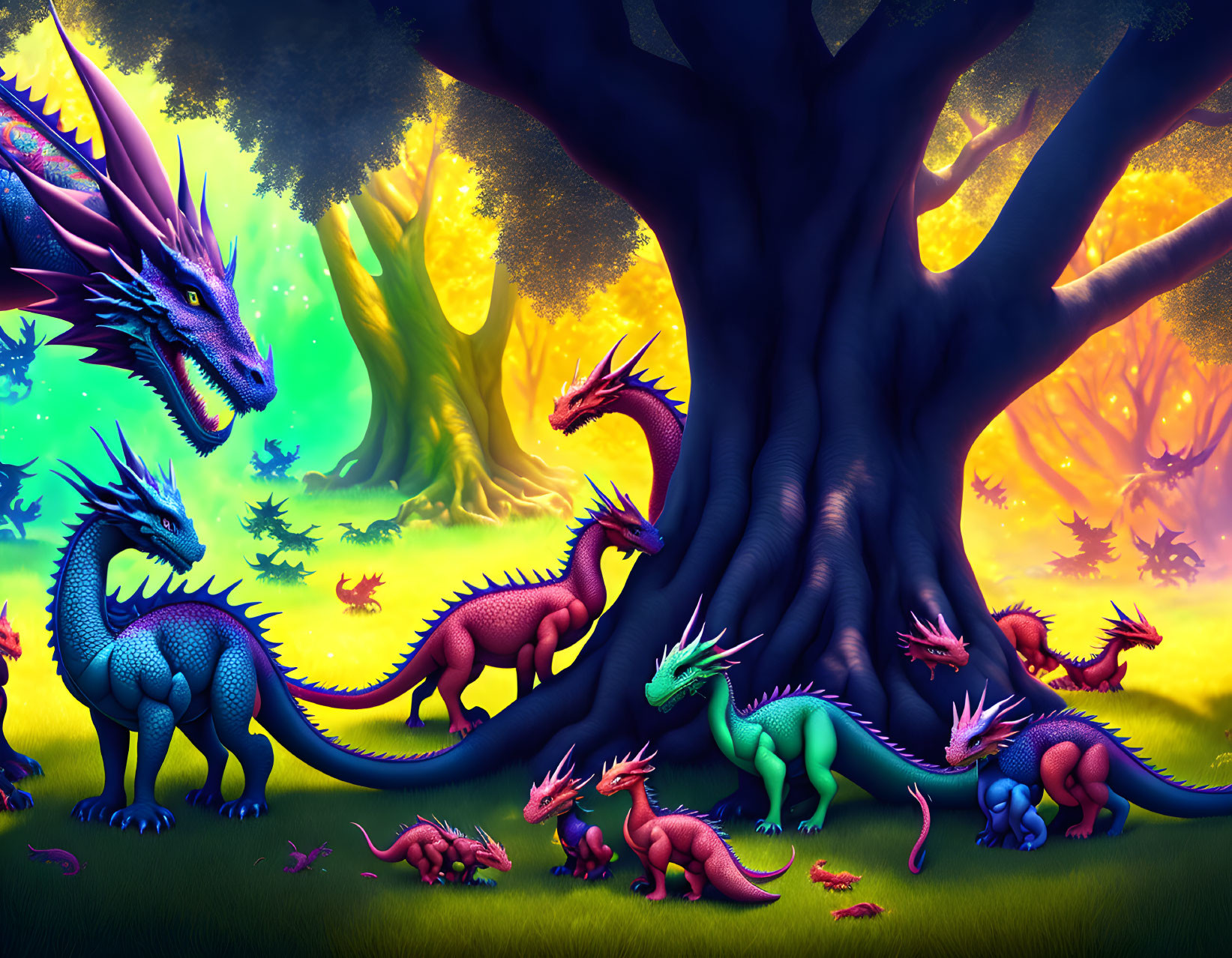 Vibrant illustration: dragons of various sizes and colors in enchanted forest