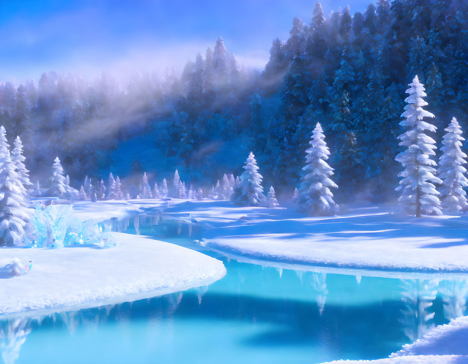 Snow-covered trees and blue river in serene winter landscape