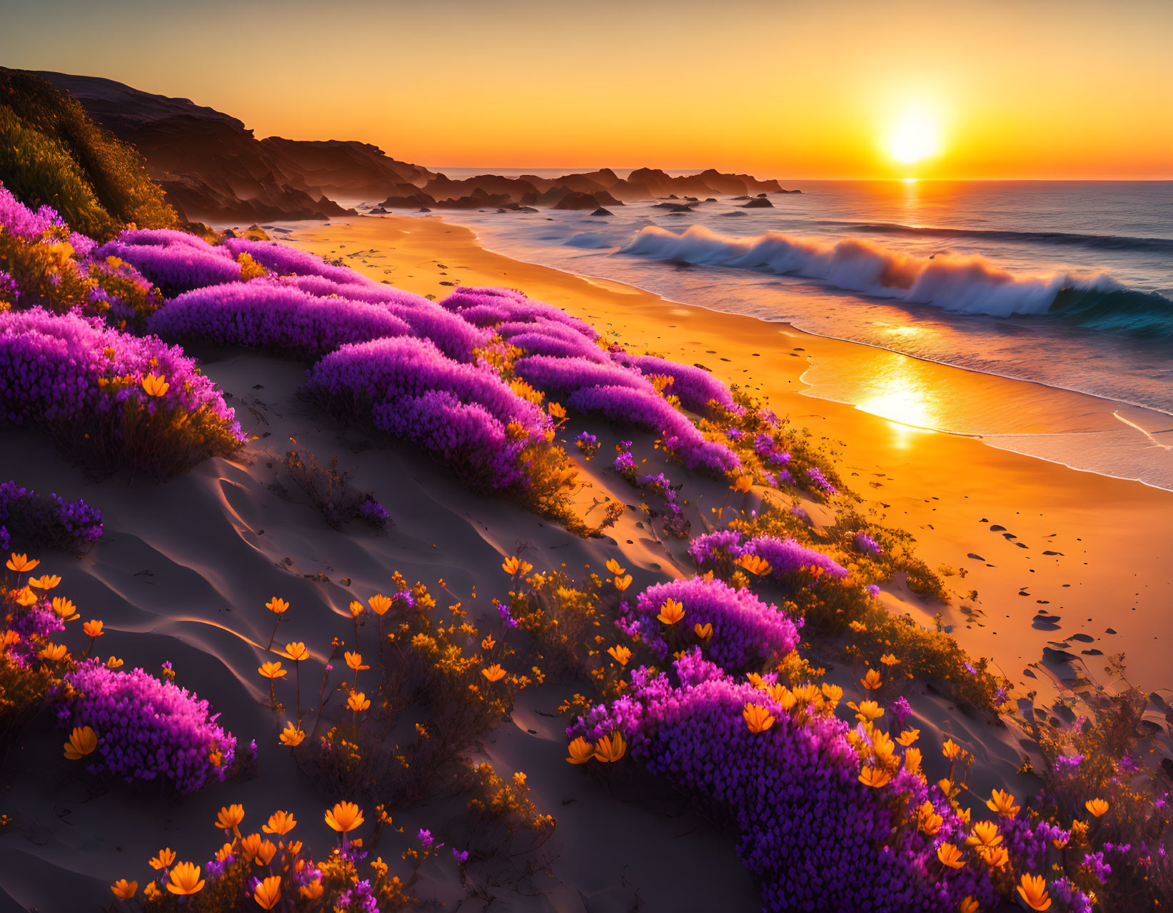 Scenic beach sunset with waves, purple wildflowers, and colorful sky