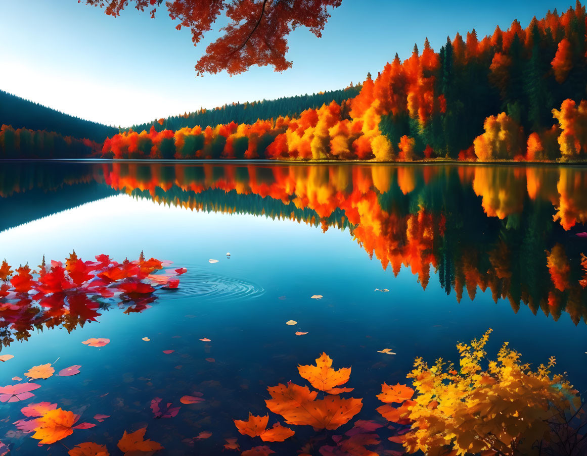 Tranquil lake mirrors autumn trees and fallen leaves under clear sky