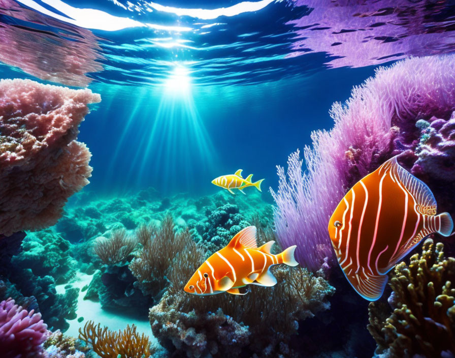 Colorful Coral and Fish in Sunlit Underwater Scene