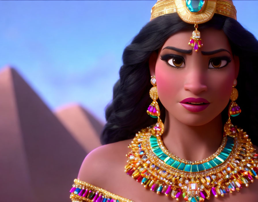 Close-up of animated character with dark hair and golden jewelry in desert setting