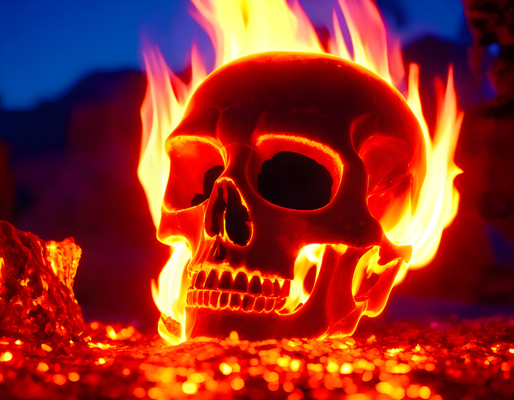 Flaming human skull on dark blue backdrop