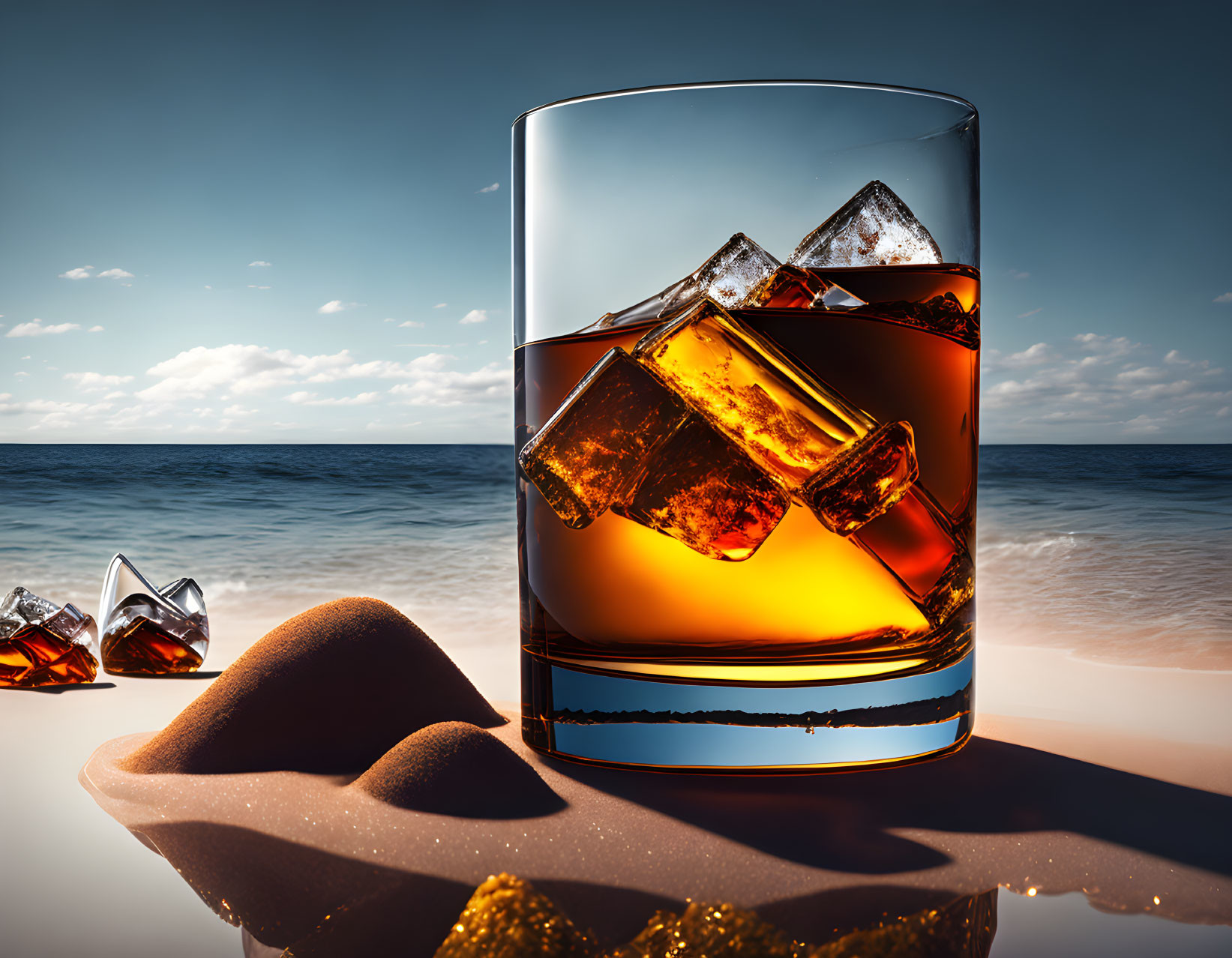 Whiskey glass with ice on sandy beach with sea and sky background