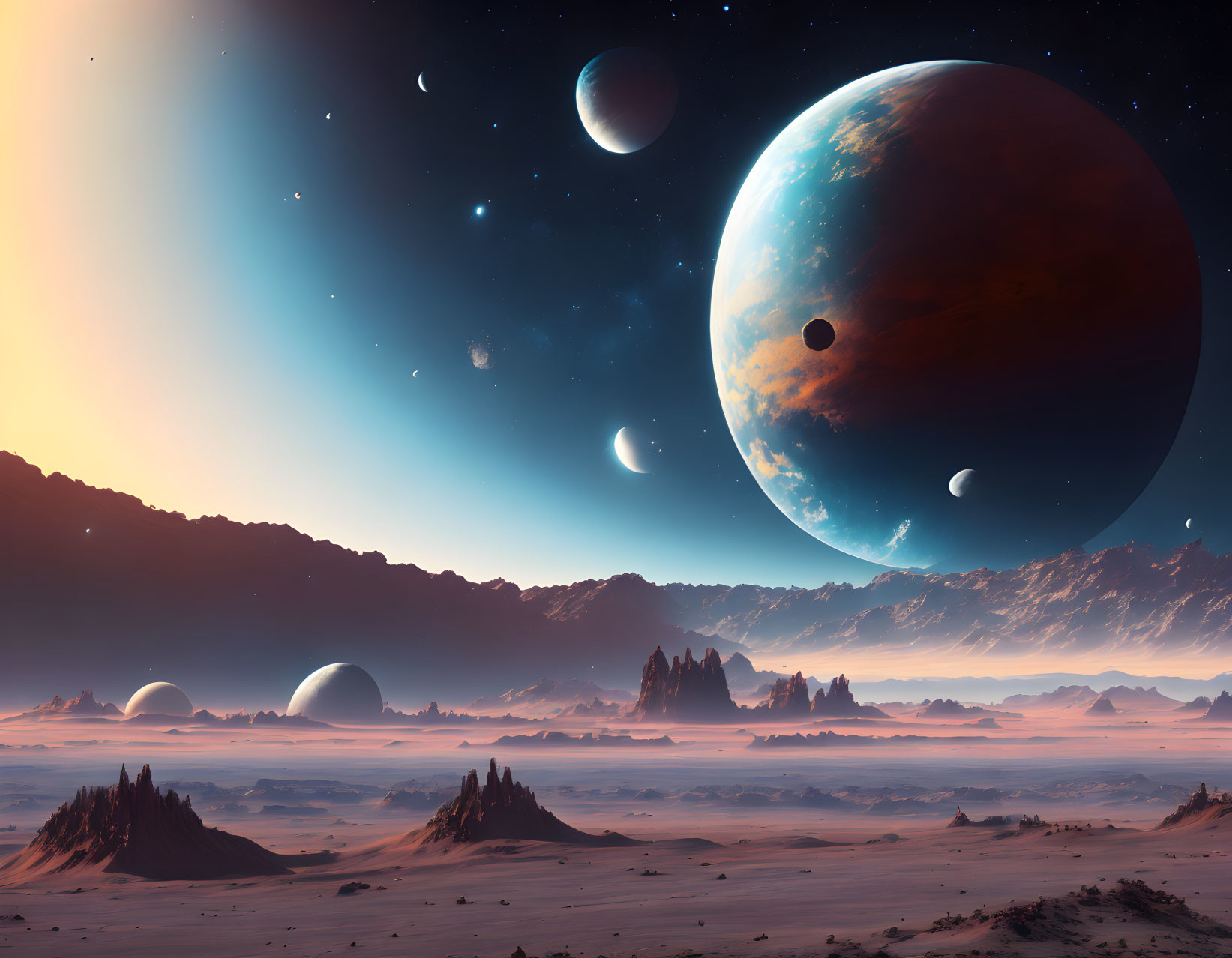 Alien desert landscape at sunset with planets and moons in star-filled sky