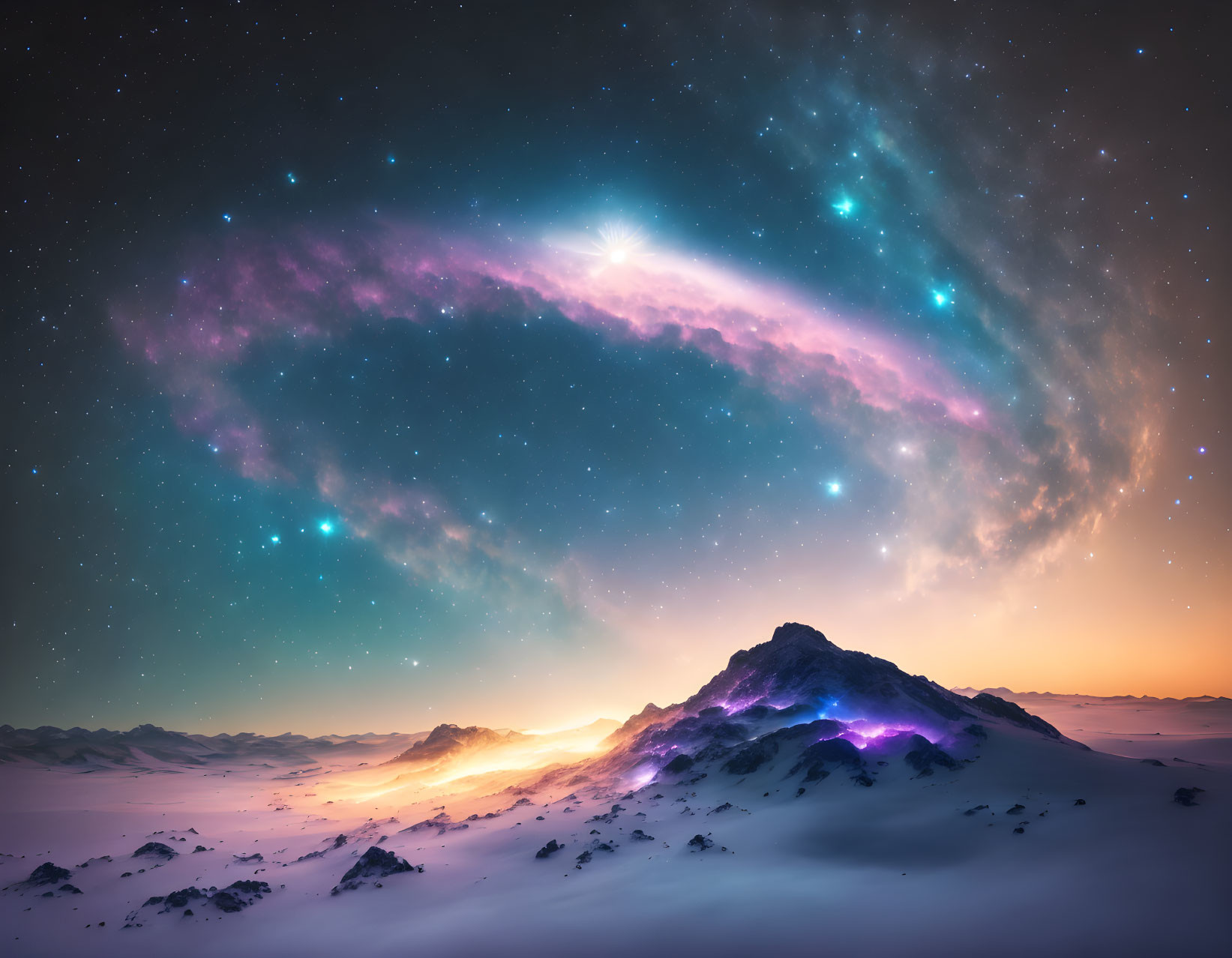 Surreal image of luminous nebula above mountain in celestial glow