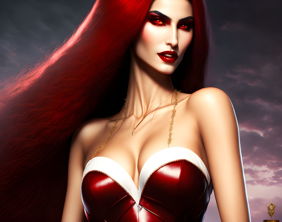 Illustration of woman with long red hair, red eyes, red & white corset, gold necklace