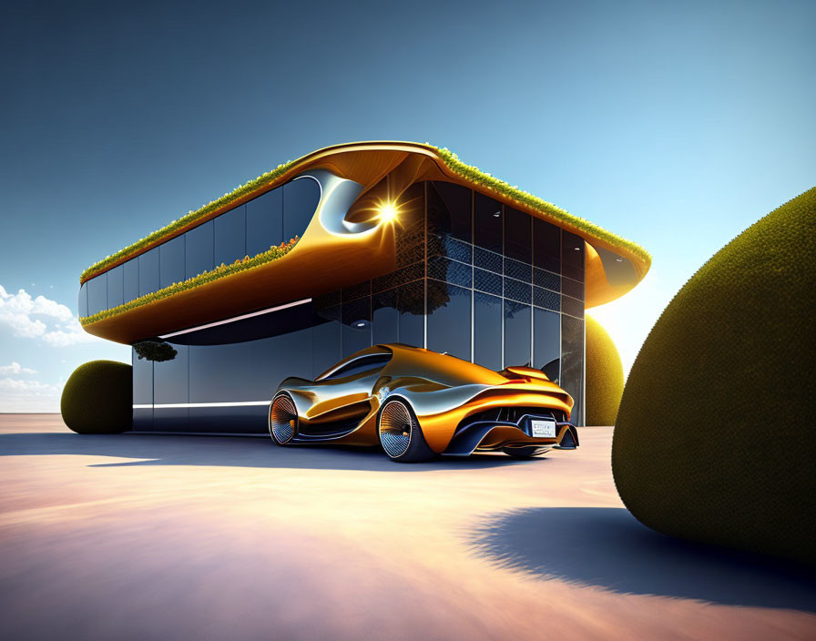 Modern house with green roof, solar panels, and sleek orange concept car.