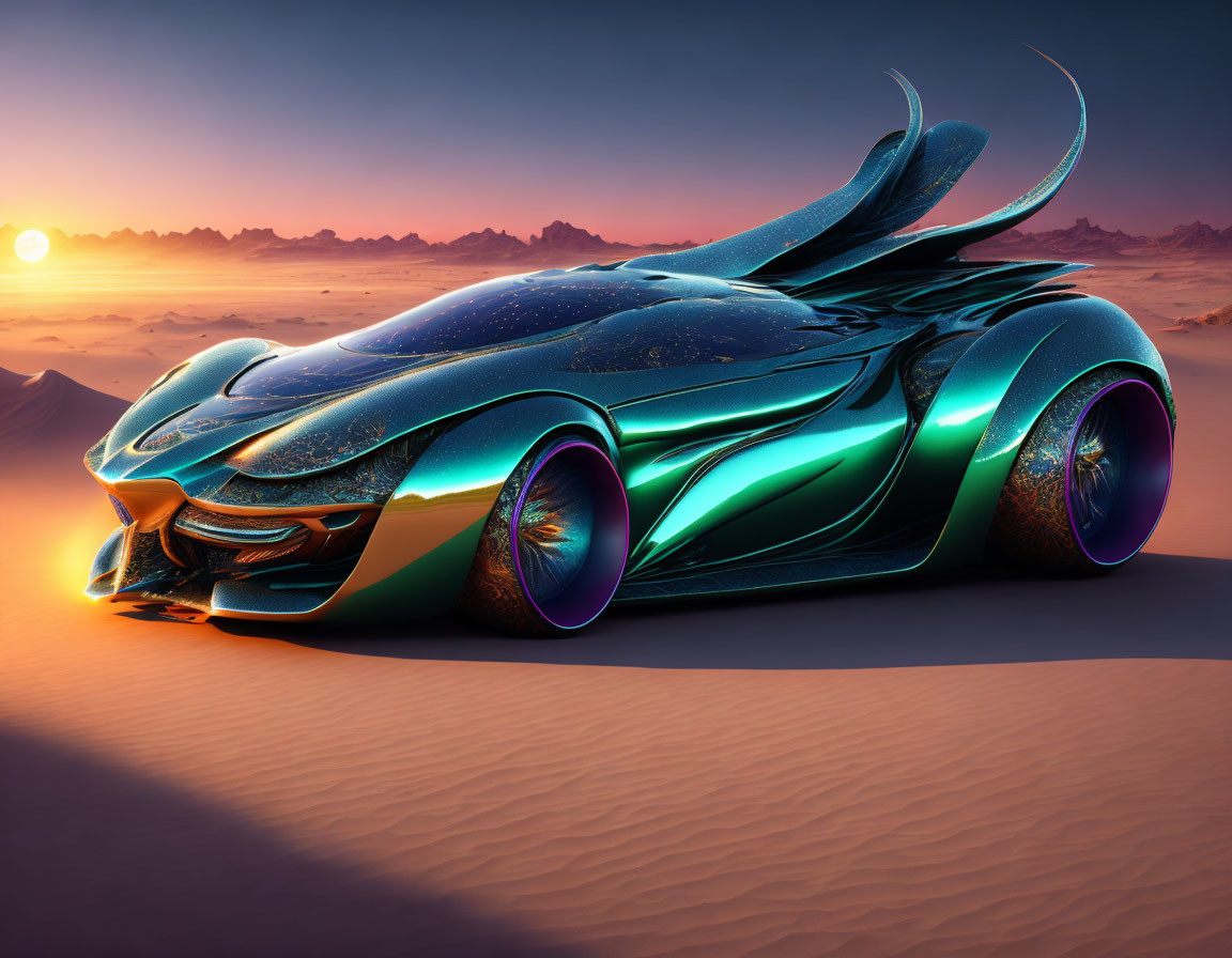 Futuristic iridescent green and blue car on desert dune at sunset