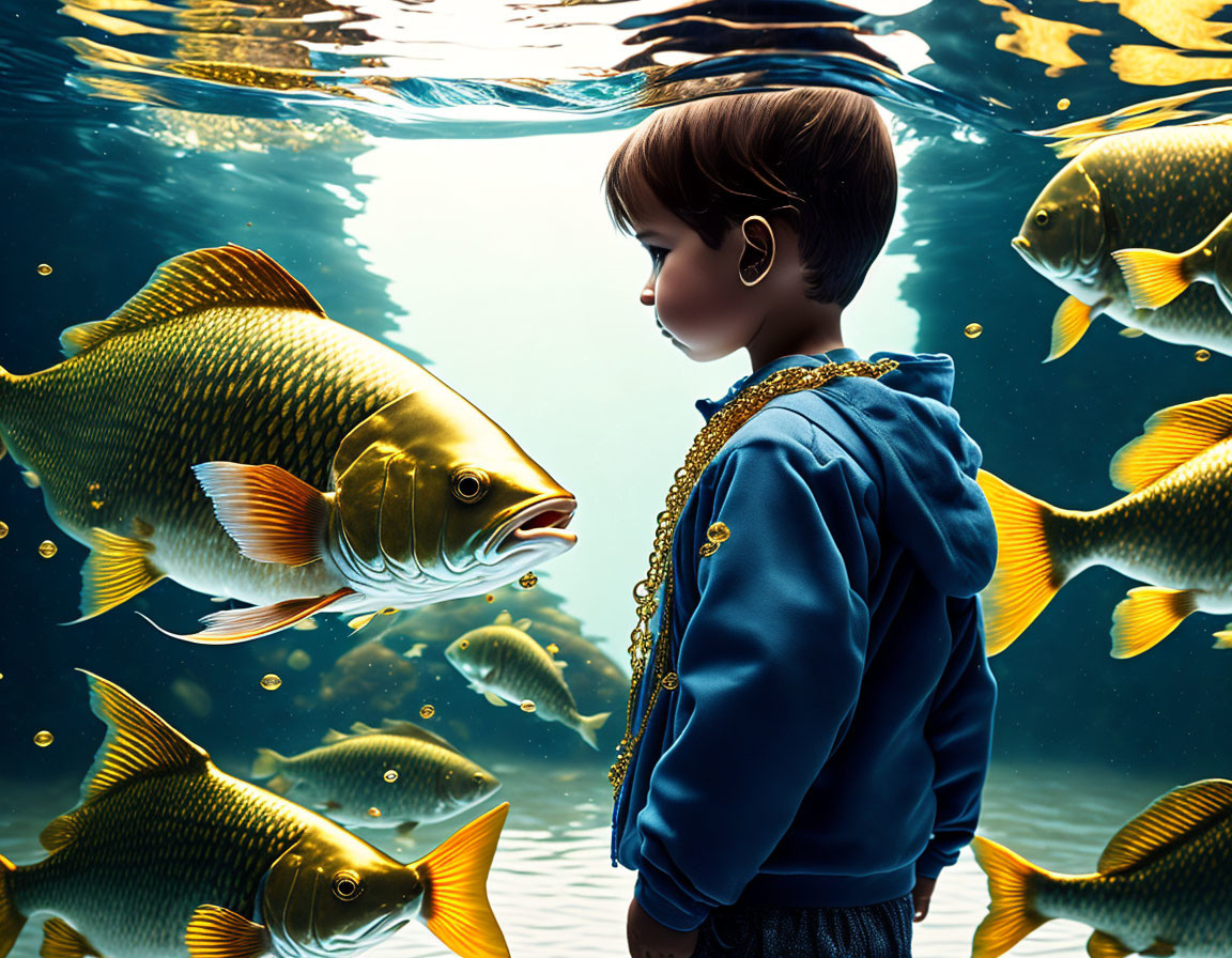 Young boy in blue jacket surrounded by golden fish underwater