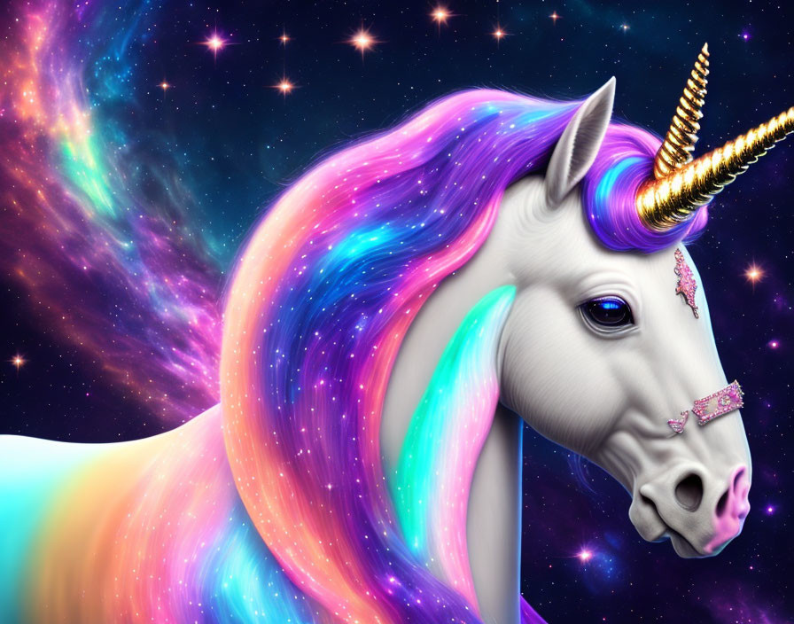 Colorful Unicorn with Rainbow Mane and Golden Horn on Cosmic Background