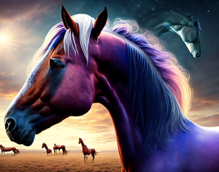 Digital artwork: Majestic purple horse in dramatic sky with flowing mane