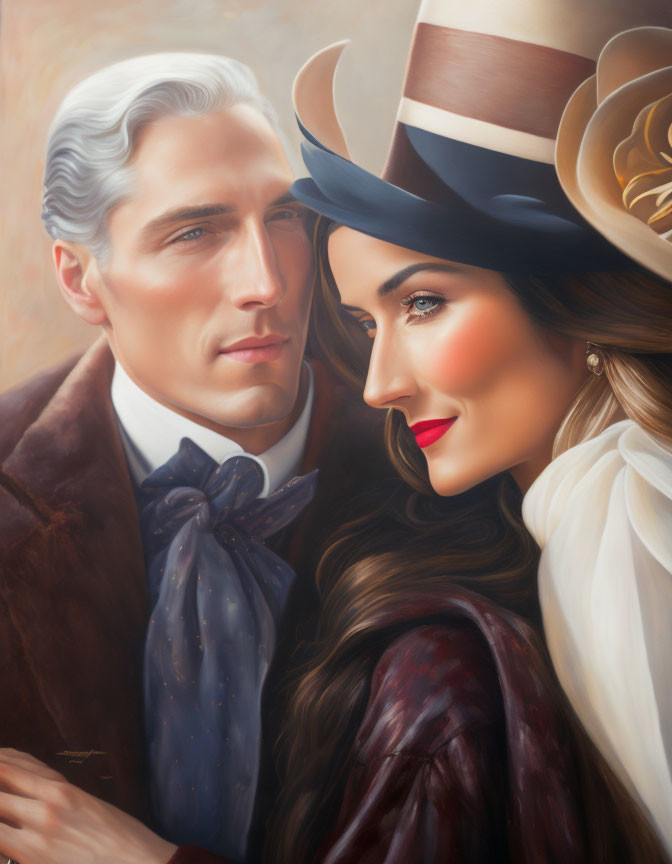 Vintage Attired Couple Gazing Fondly - Bow Tie and Rose-Adorned Hat