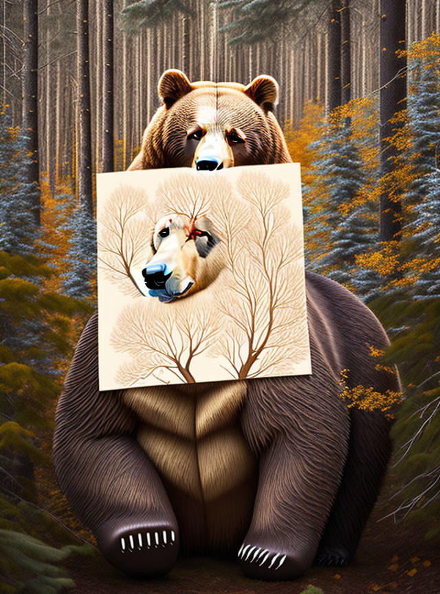 Surreal image: Bear with smaller bear's face in autumn forest