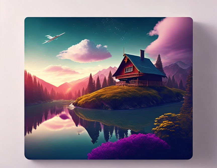 Lone house on island in dreamy landscape with pink clouds, vibrant flora, starry sky