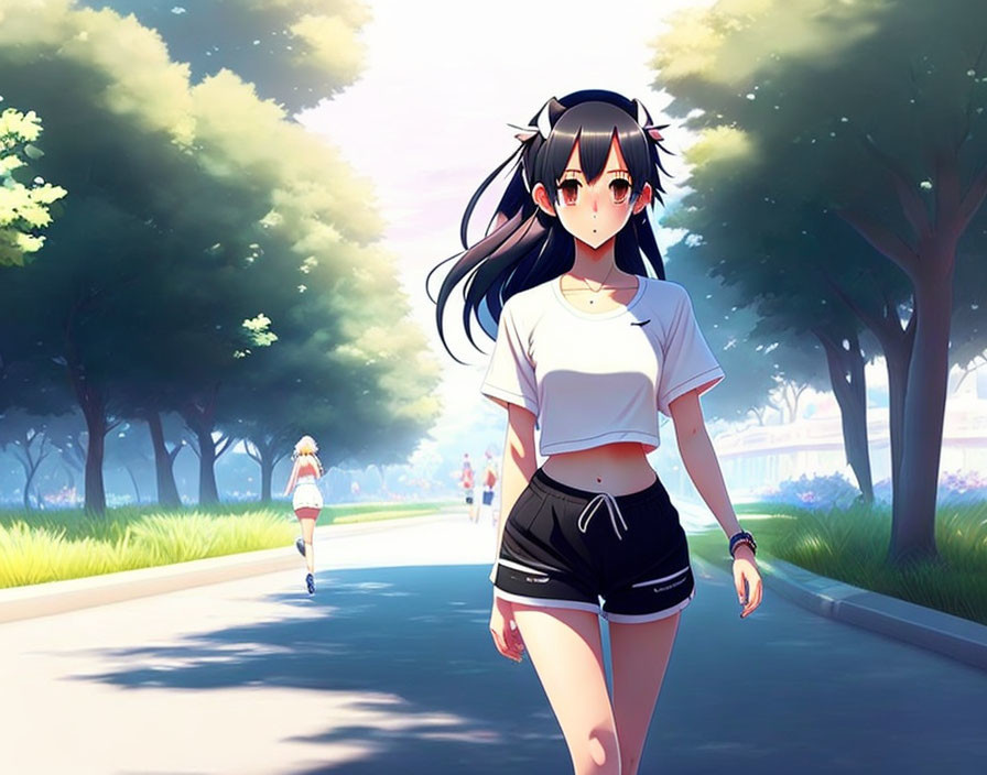 Digital Illustration: Girl with Black Hair and Cat Ears Walking in Sunny Park